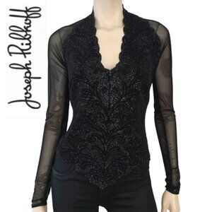 Joseph Ribkoff Black Lace Blouse Beaded Sheer Sleeve Fitted Size 4